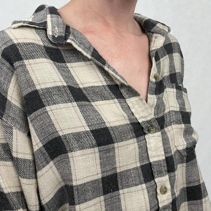 American Eagle Beige & Grey Plaid Long Sleeve Button Down Shirt