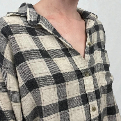 American Eagle Beige & Grey Plaid Long Sleeve Button Down Shirt