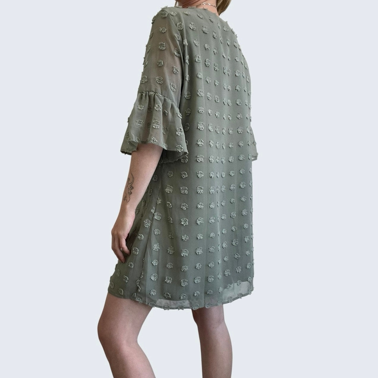 Sage Green Swiss Dot Sheer Ruffle Flutter Sleeve V-Neck Mini Dress