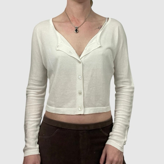 Doncaster Sheer Open-Back Slit Cropped Button Down Cardigan