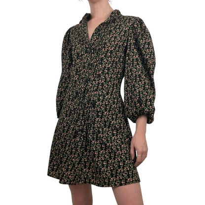 Topshop Black & Pink Floral Print Long Puff Sleeve Button Down Mini Dress