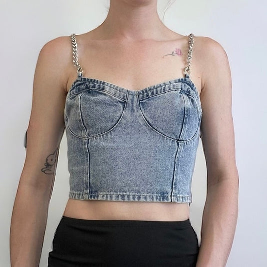 Forever 21 Denim Cropped Chain Straps Tank Top