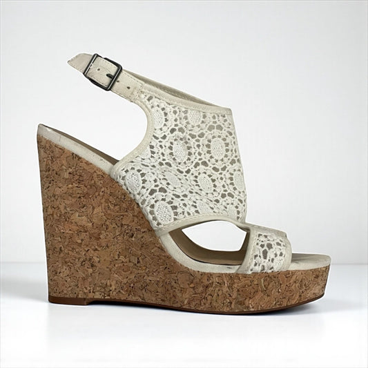 Lucky Brand Cream Lace Cork Wedge Open Toe Boho Heels