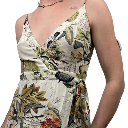 A. Peach Tropical V-Neck A-Line Midi Wrap Dress