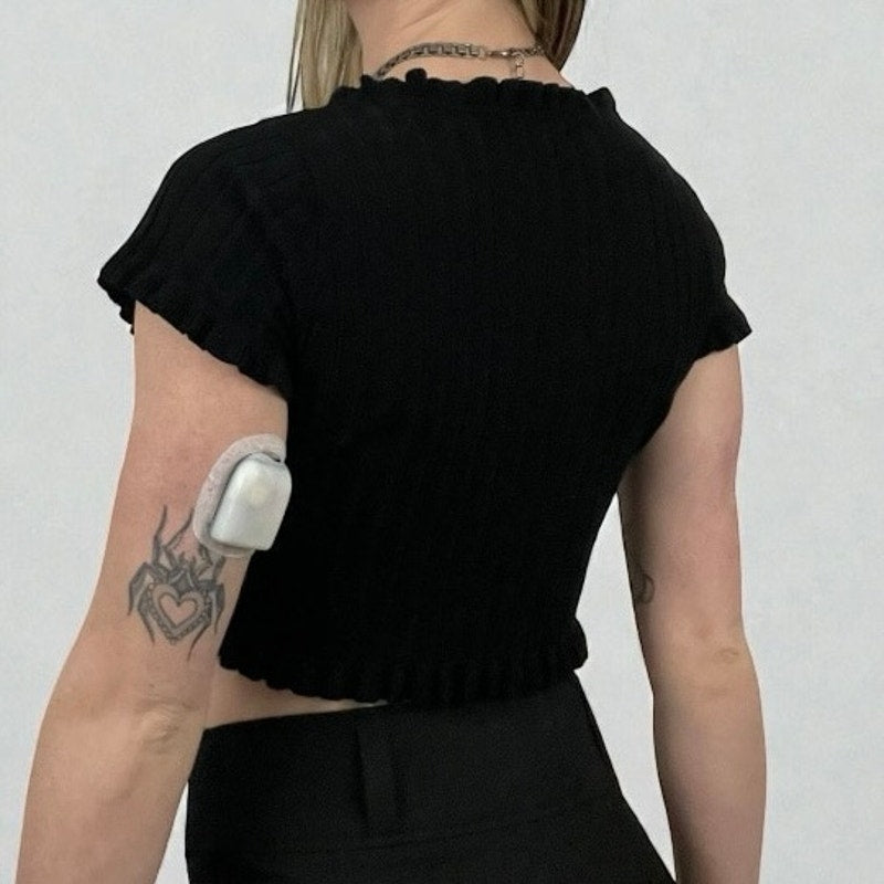 Better Be Black Ribbed Cropped Button Down Ruffled Short Sleeve Top