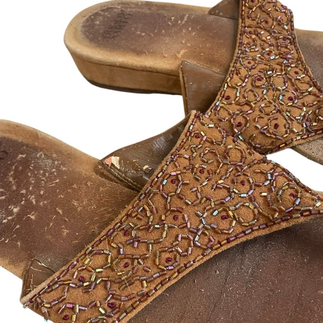 Franco Sarto Nehru Brown Suede Leather Bead Embellished Flip Flip Sandals