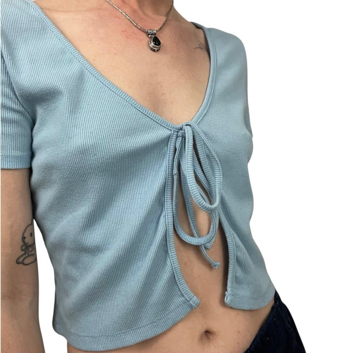 Romwe Blue Ribbed Tie Front Cropped Short Sleeve V-Neck Top