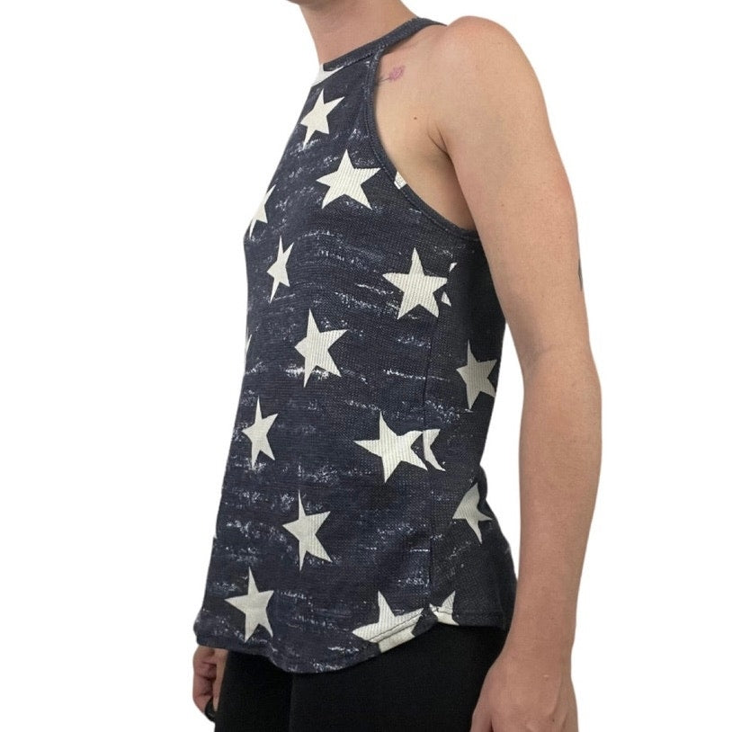 Yahada Soft Knit Navy Blue and White Star Print Tank Top Blouse