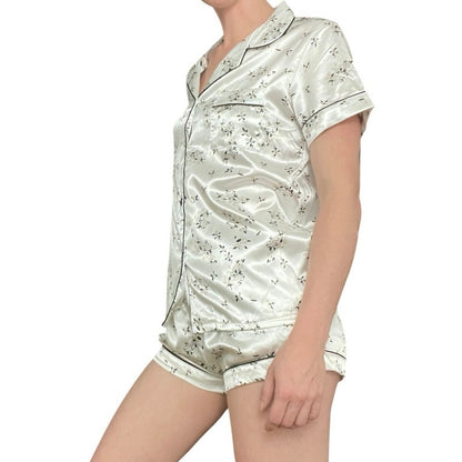 Silky Cream Floral Button Down Pajama Top & Mini Shorts Matching Set