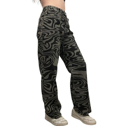 SHEIN High Rise Grey & Black Abstract Swirl Denim Statement Pants