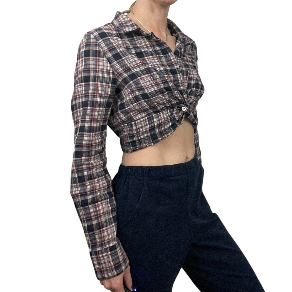 Blush BJ Navy Blue & Red Plaid Cropped Knot Front Button Down Shirt