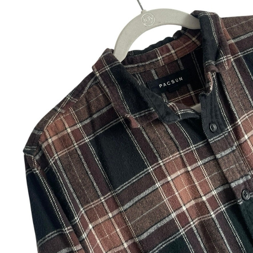 PacSun Mens Brown & Black Plaid Long Sleeve Button Down Shirt