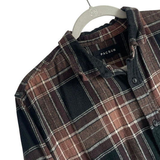 PacSun Mens Brown & Black Plaid Long Sleeve Button Down Shirt