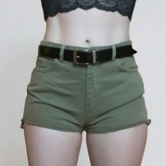 Stradivarius Olive Green High Rise Mini Denim Shorts