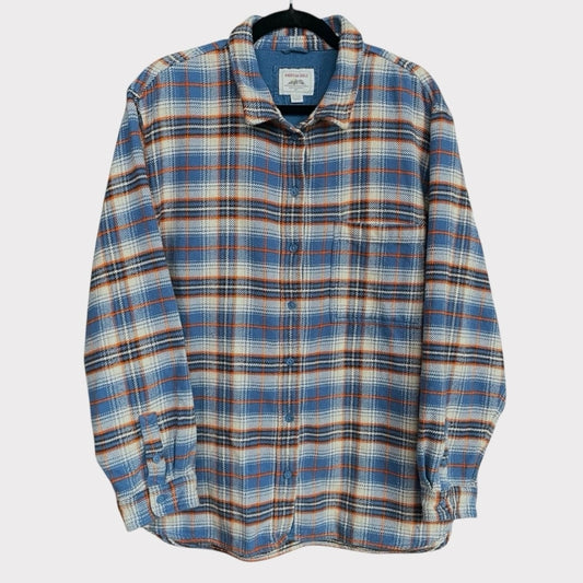 American Eagle Mens Blue & Orange Plaid Thick Button Down Shirt