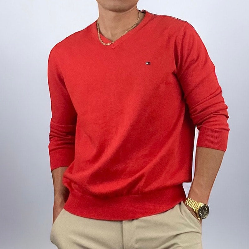 Tommy Hilfiger Vintage Mens Red V-Neck Sweater