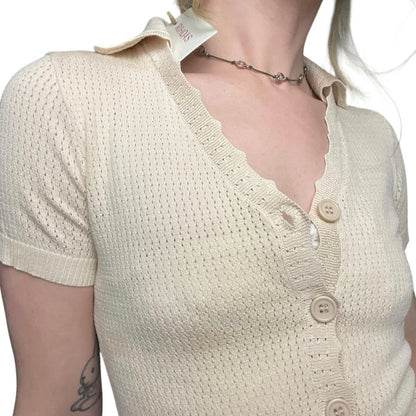 NWT Rihoas Sheer Cream Short Sleeve Button Down Blouse