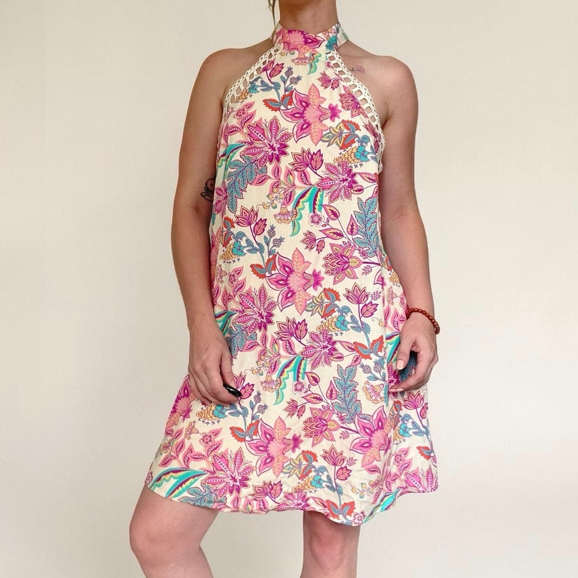 NWT Cupshe Boho Botanical Crochet Trim Halter Neck Mini Dress