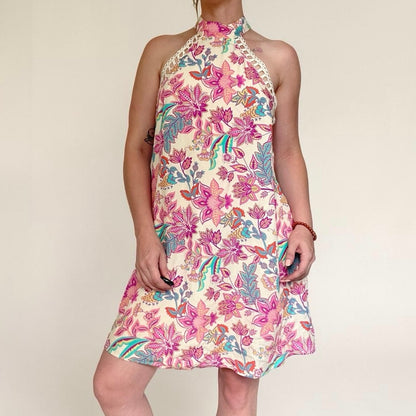 NWT Cupshe Boho Botanical Crochet Trim Halter Neck Mini Dress
