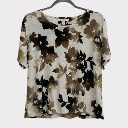JM Collection Vintage Floral Brown & White Embroidered Short Sleeve Blouse