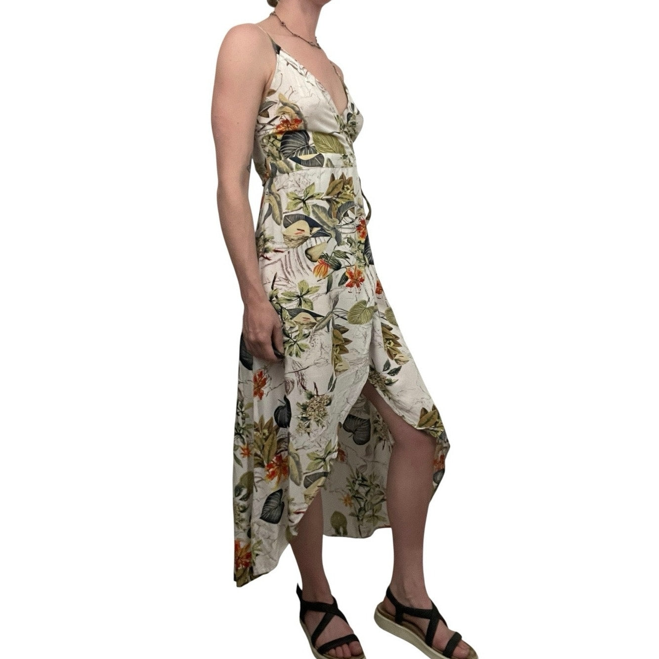 A. Peach Tropical V-Neck A-Line Midi Wrap Dress