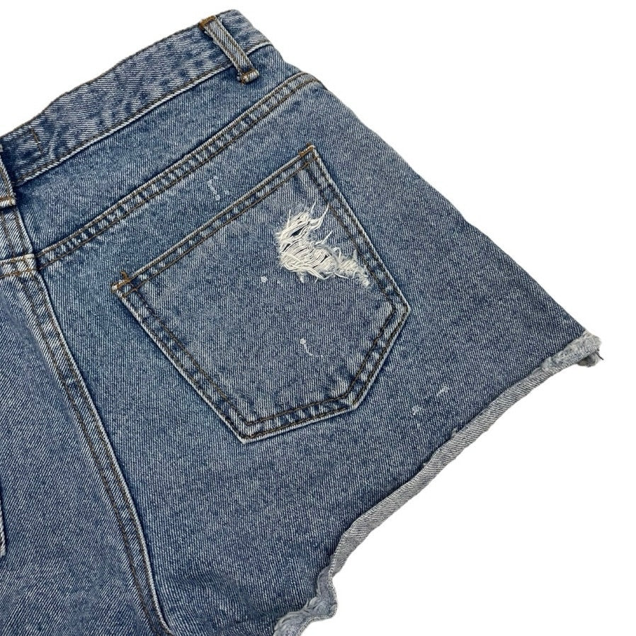 By Flow Patchwork Distressed High Rise Mini Denim Jean Shorts