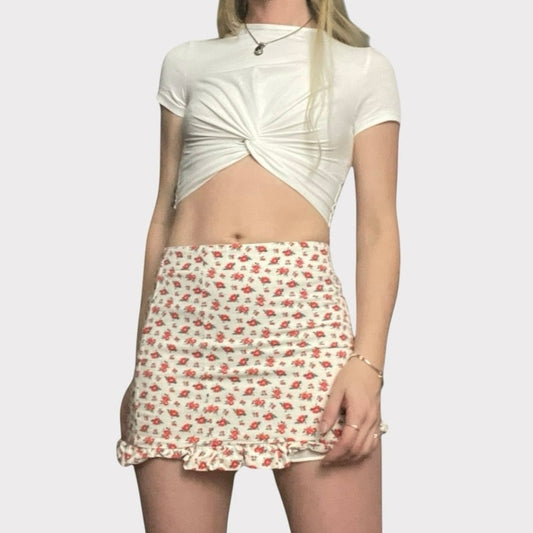 Zara Red & White Floral Ruffled Mini Skirt