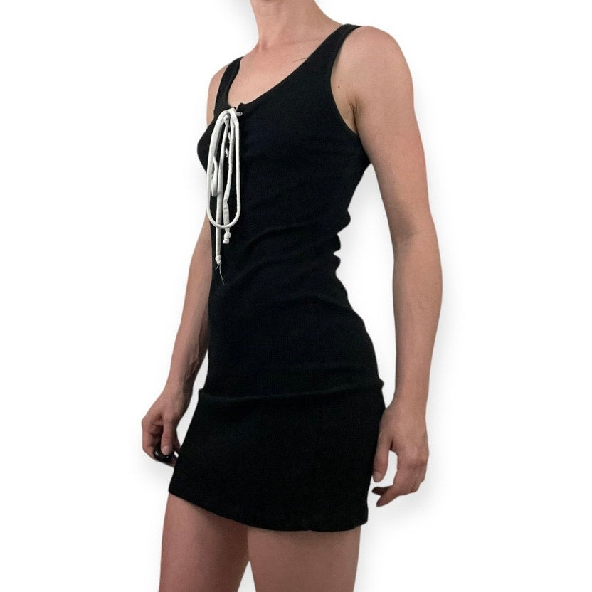 Ambiance Black Stretchy Ribbed Bodycon Lace Up Mini Dress