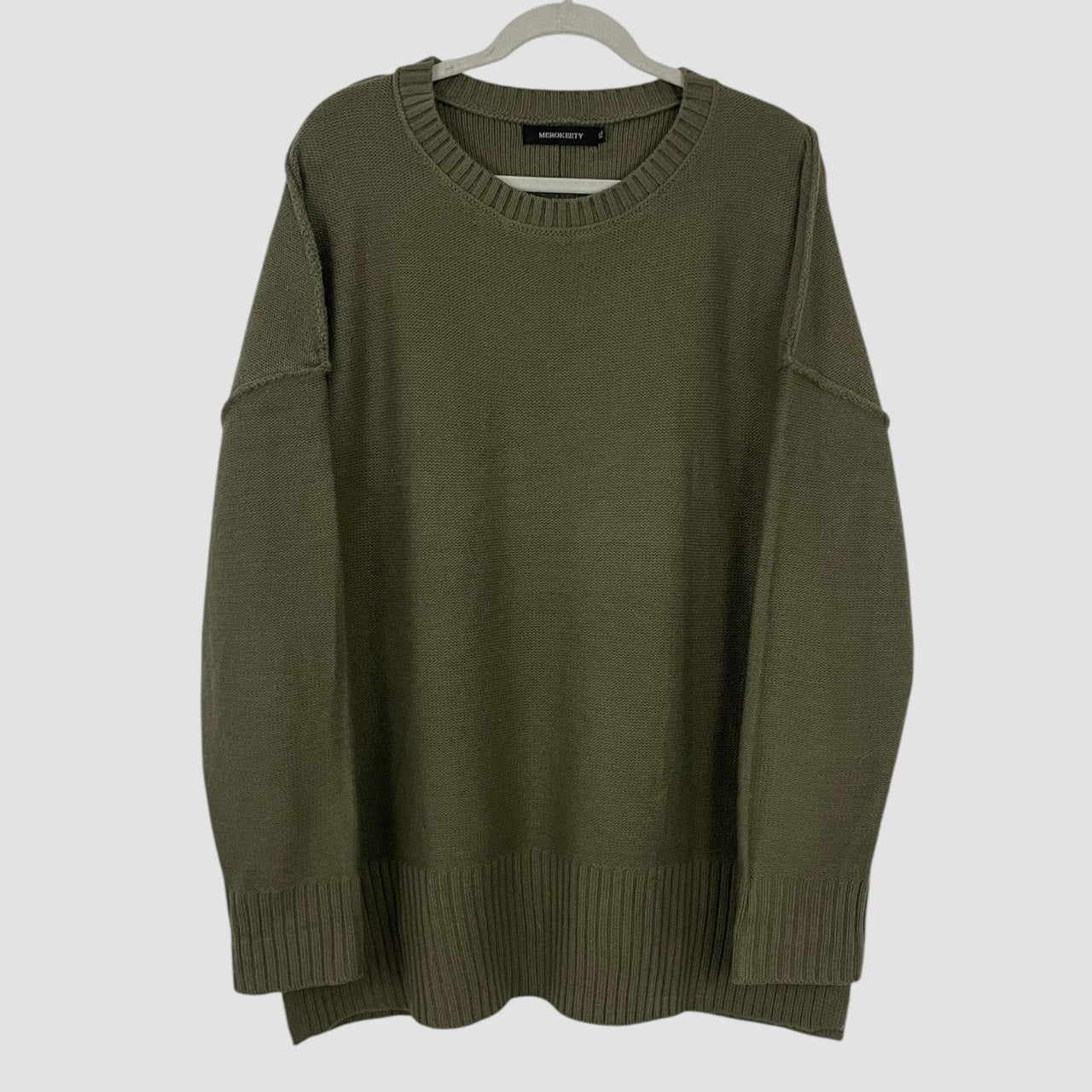 Merokeety Olive Green Knit Pullover Crewneck Sweater