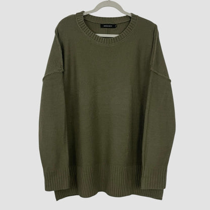 Merokeety Olive Green Knit Pullover Crewneck Sweater
