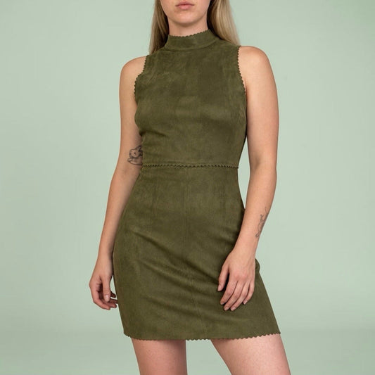HYFVE Olive Green Faux Suede Scalloped Trim Mini Dress