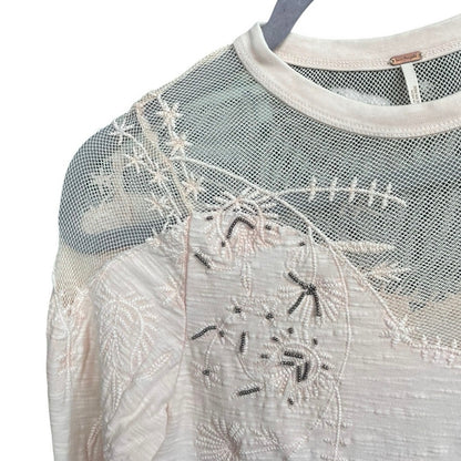 Free People Light Pink Mesh Embroidered Long Sleeve Blouse
