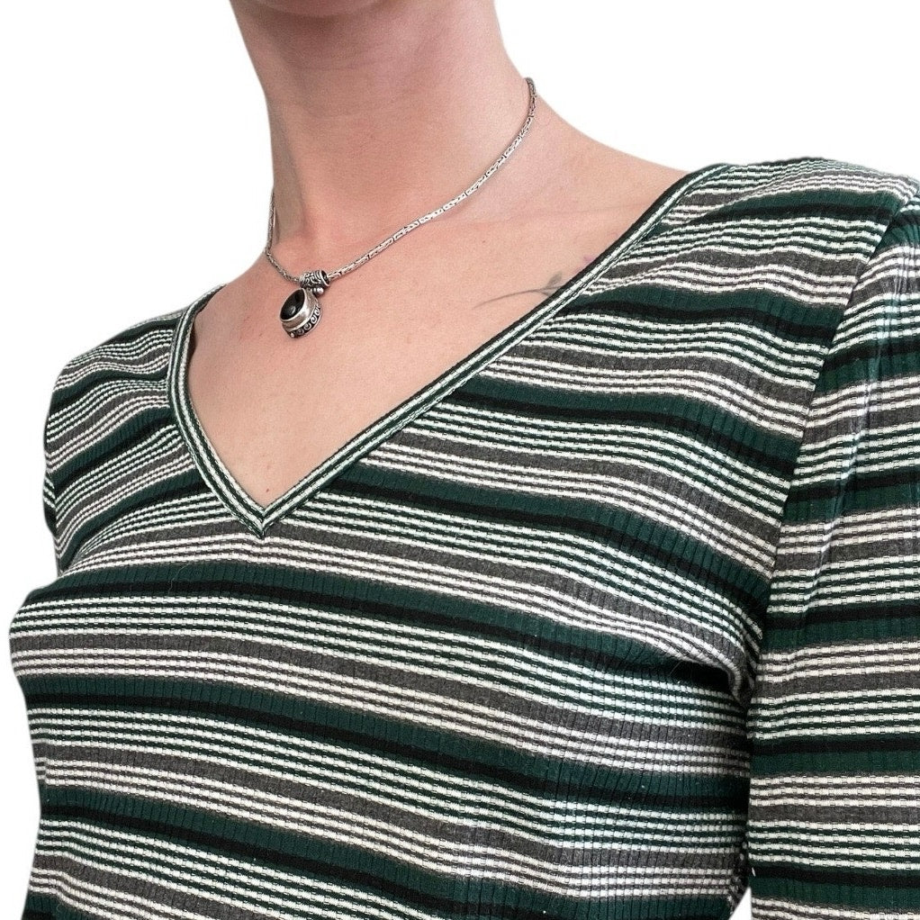 SHEIN Green Striped Cropped V-Neck Ribbed Long Sleeve Top