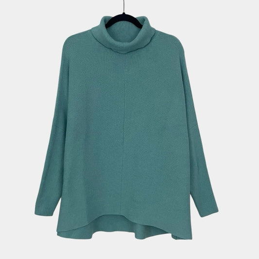 Blue Turtleneck Ribbed Knit Sweater