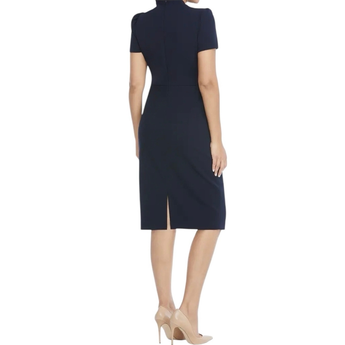 NWT Maggy London Navy Blue Tie Neck Puff Sleeve Scuba Crepe Dress