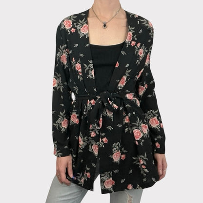 Divided by H&M Black & Pink Floral Tie Front Kimono Top