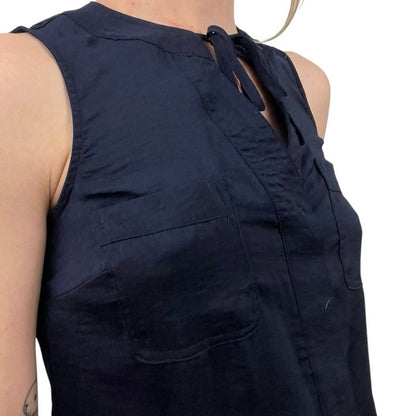New York & Company Silky Navy Blue Tie Front Blouse