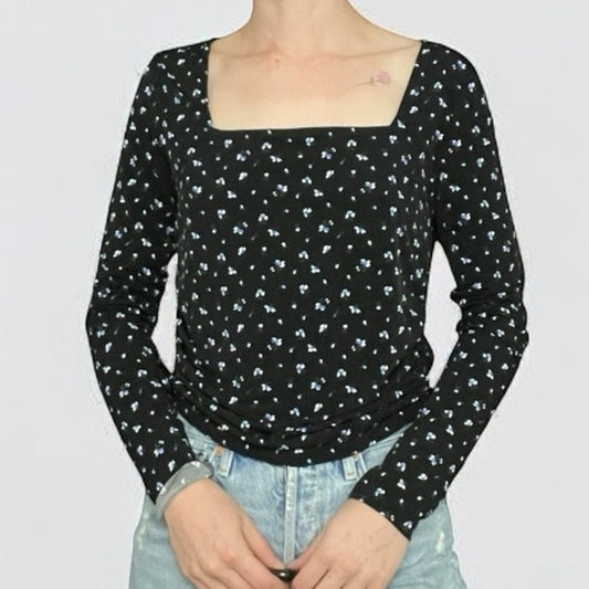 Michael by Michael Kors Black & Blue Floral Long Sleeve Square Neck Blouse