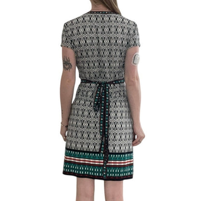 Max Studio Black & White Geometric Teal Trim V-Neck Mini Tie Back Wrap Dress
