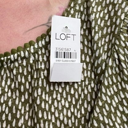 NWT LOFT Linen Green & White Dot Boho Embroidered Trim Blouse