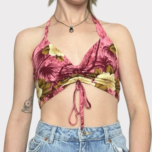 Hibiscus Collection Hawaii Tropical Floral Halter Neck Open Tie Back Cropped Top