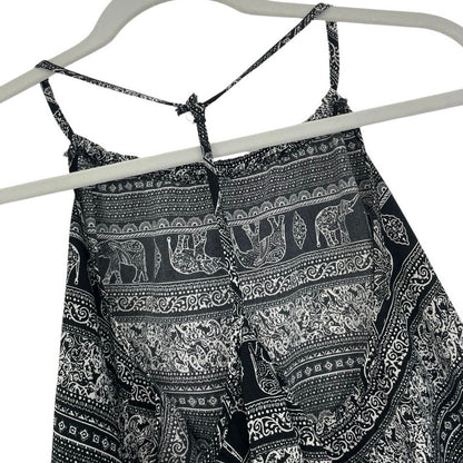 Black & White Boho Elephant Print Lace Trim Tank Top