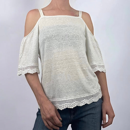 Sanctuary White Cold Shoulder Boho Lace Trim Blouse