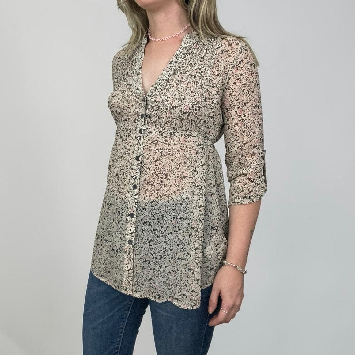 Forever 21 Sheer Floral Tie Back Button Down Blouse