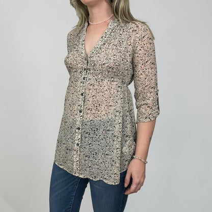 Forever 21 Sheer Floral Tie Back Button Down Blouse