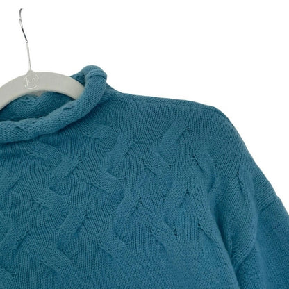 Blue Textured Cable Knit Turtleneck Sweater