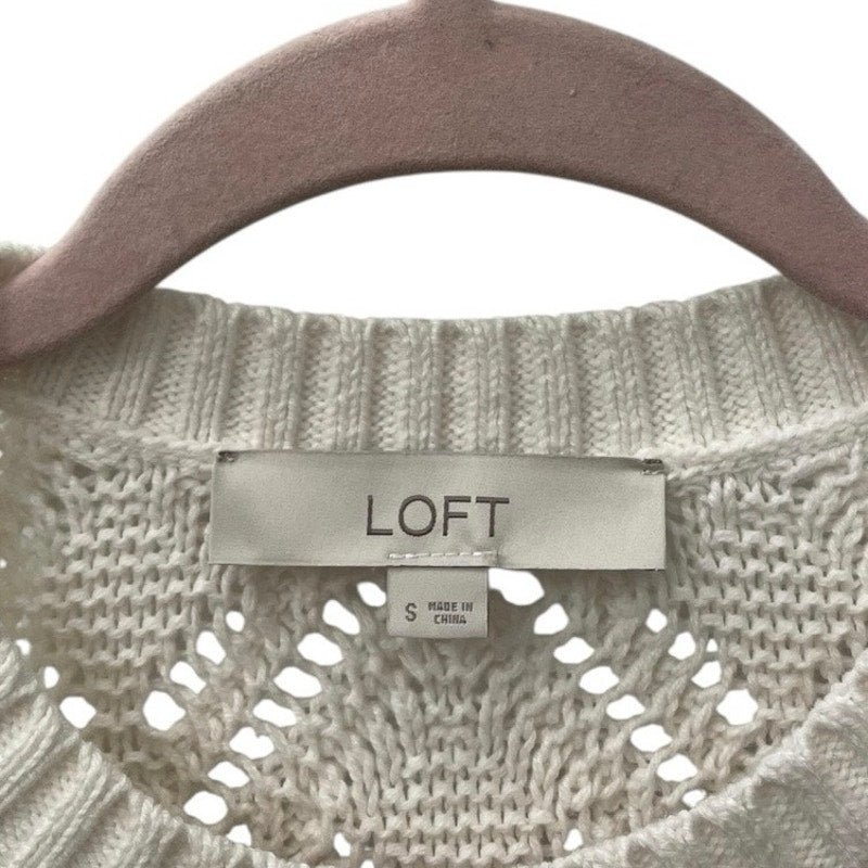 LOFT White Loose Diamond Cable Knit Crewneck Sweater