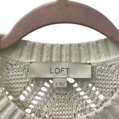 LOFT White Loose Diamond Cable Knit Crewneck Sweater