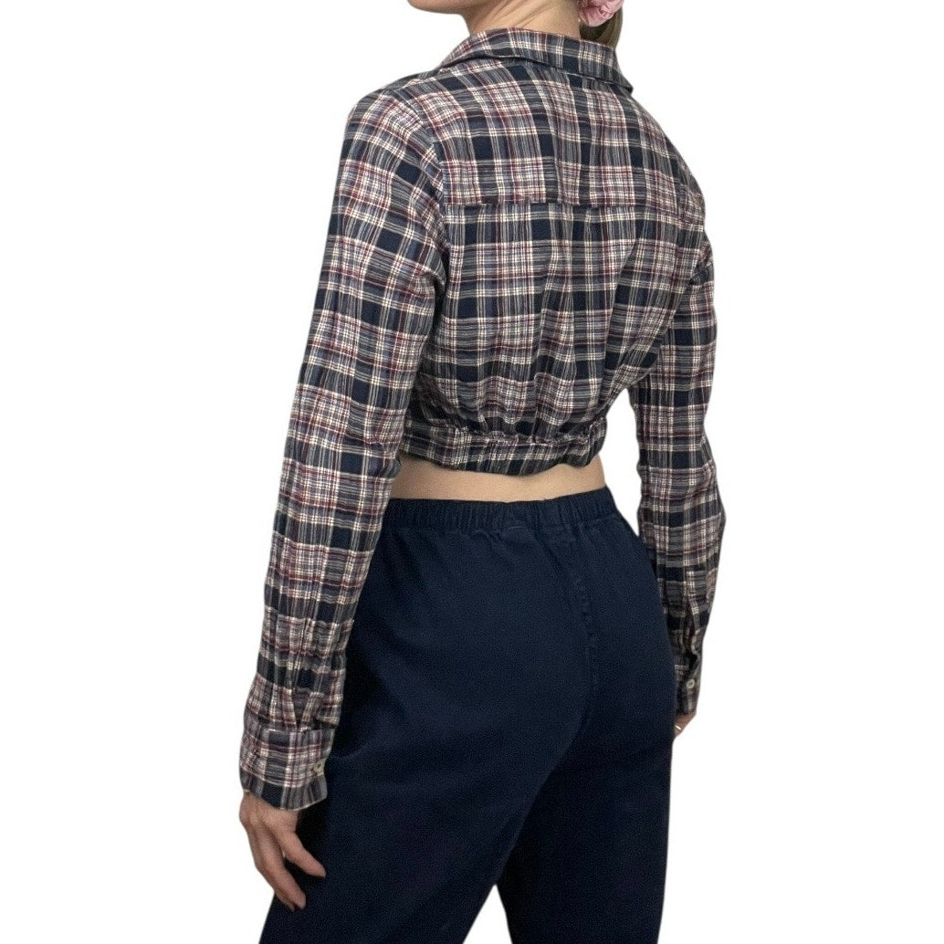 Blush BJ Navy Blue & Red Plaid Cropped Knot Front Button Down Shirt