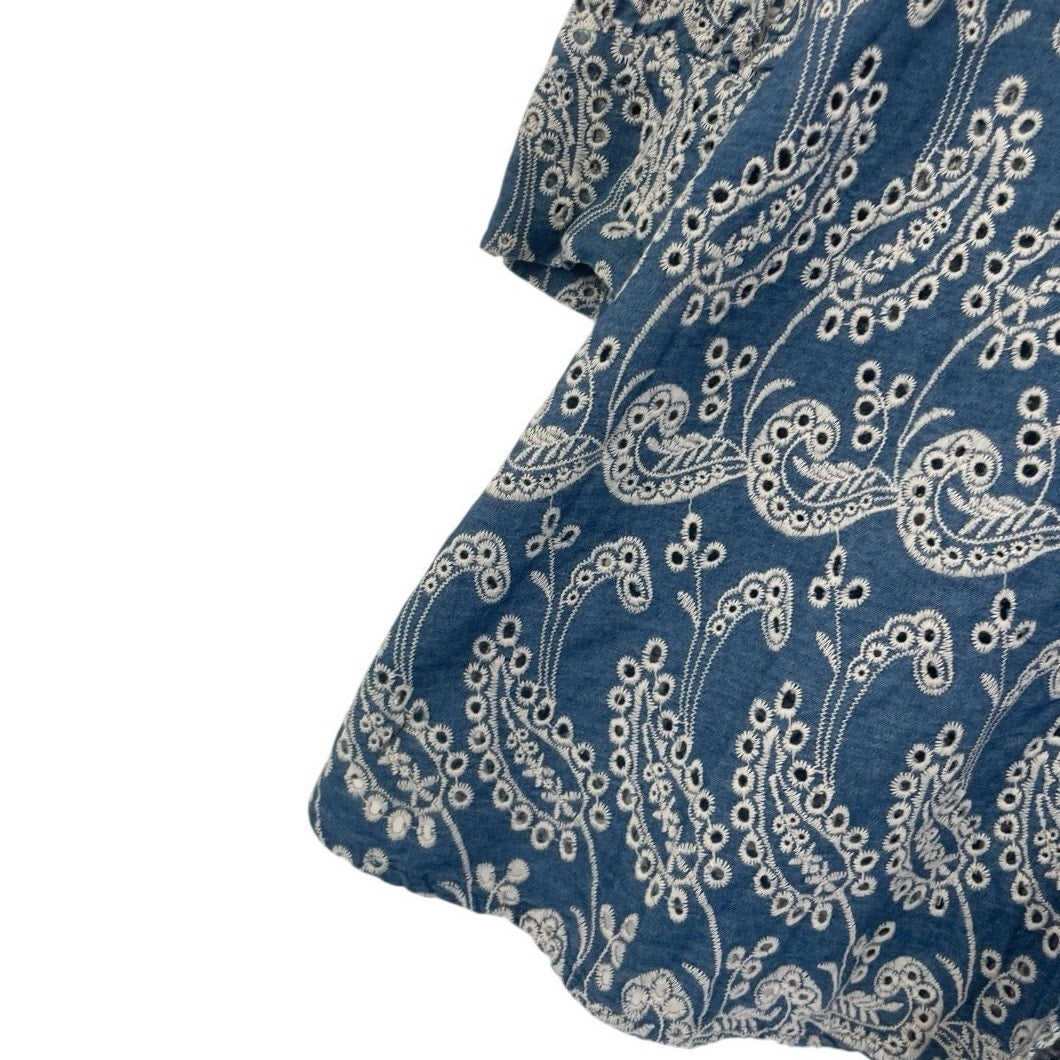 Zara Blue Boho Eyelet Embroidered Button Down Tunic Blouse